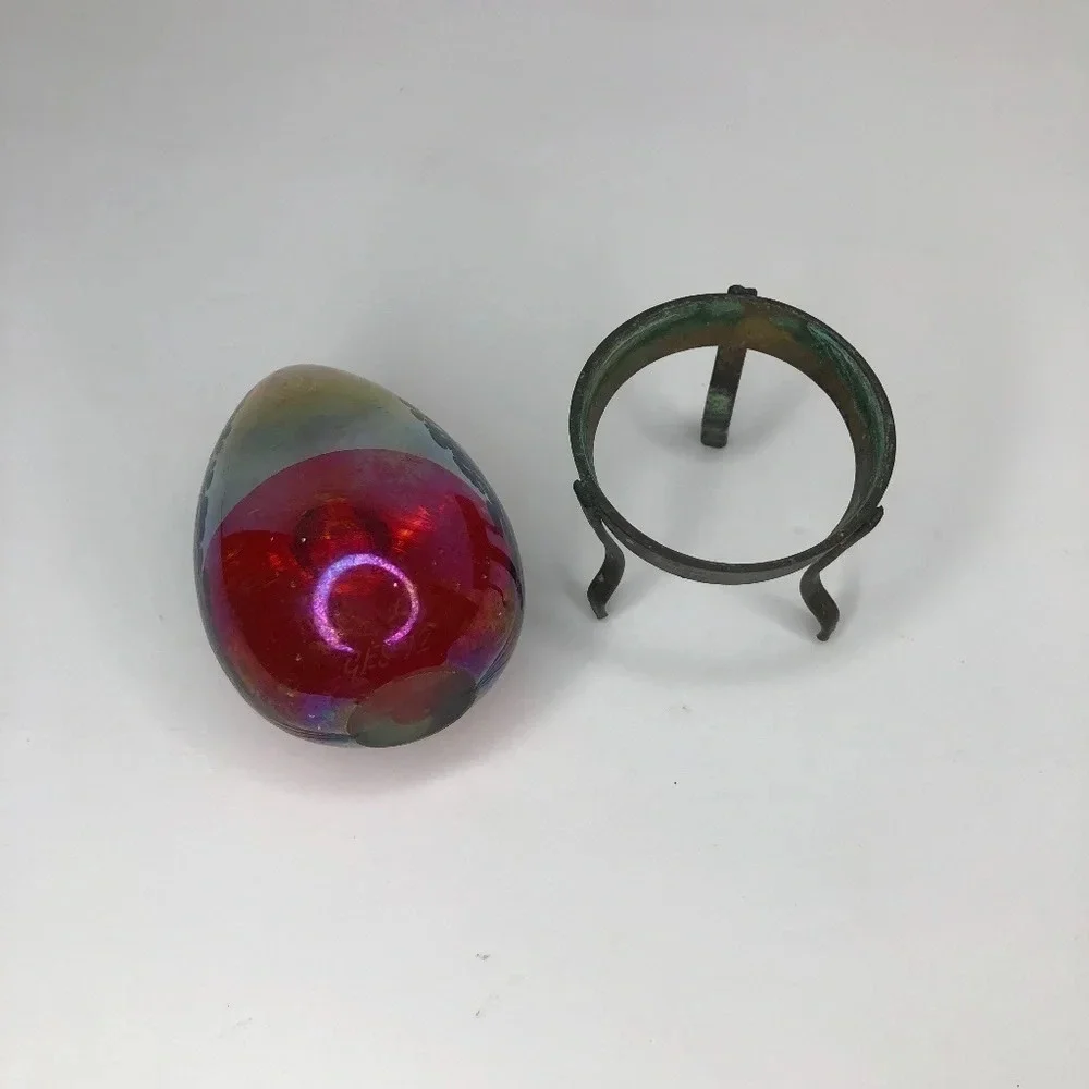 Iridescent Studio Art Glass Egg on Stand, Paperweight